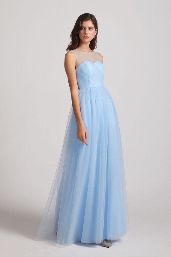 Sleeveless Ruched Tulle Jewel Illusion Bridesmaid Dresses