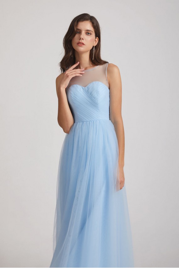 Sleeveless Ruched Tulle Jewel Illusion Bridesmaid Dresses