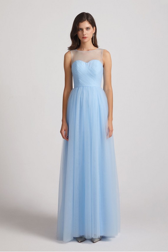 Sleeveless Ruched Tulle Jewel Illusion Bridesmaid Dresses