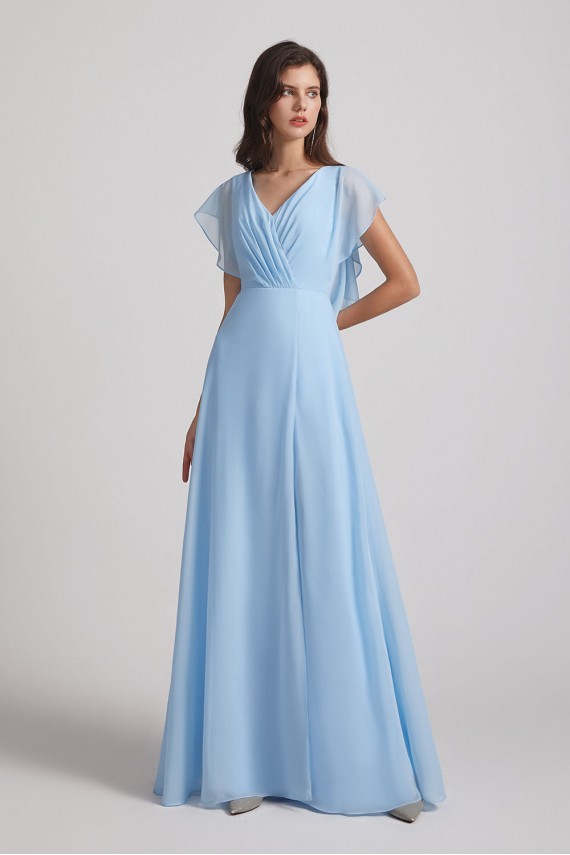 V-Neck Flutter Sleeve Backless Chiffon Bridesmaid Dresses with Side Slit