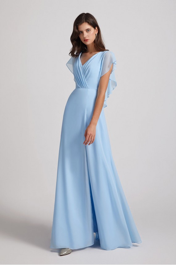 V-Neck Flutter Sleeve Backless Chiffon Bridesmaid Dresses with Side Slit