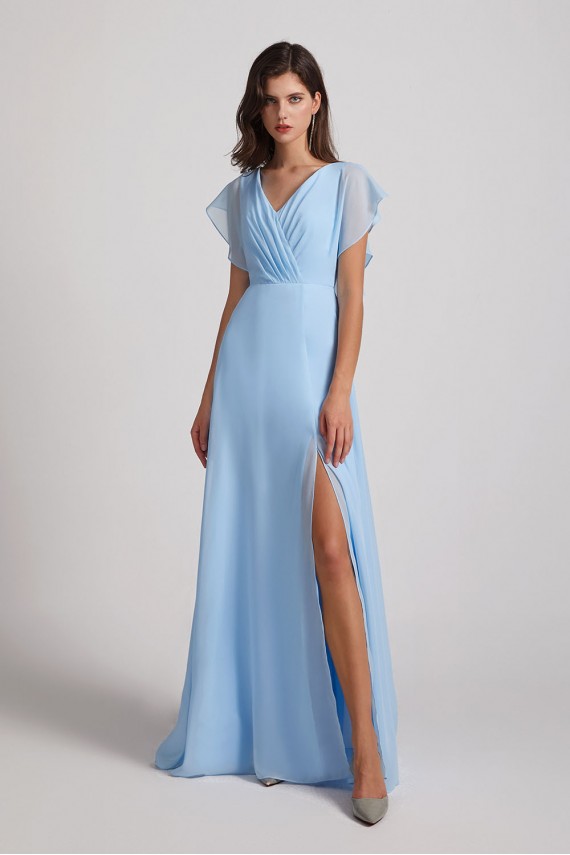 V-Neck Flutter Sleeve Backless Chiffon Bridesmaid Dresses with Side Slit