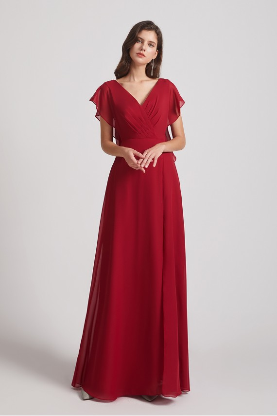 V-Neck Chiffon Long Backless Bridesmaid Dresses with Side Slit