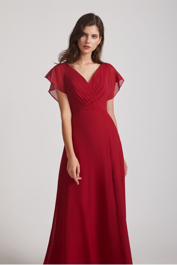 V-Neck Chiffon Long Backless Bridesmaid Dresses with Side Slit