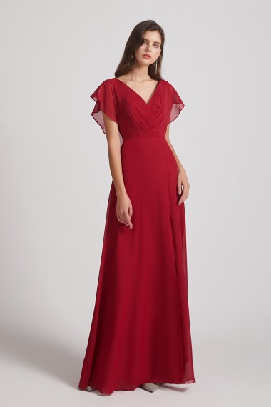 V-Neck Chiffon Long Backless Bridesmaid Dresses with Side Slit