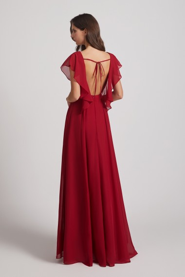 V-Neck Chiffon Long Backless Bridesmaid Dresses with Side Slit