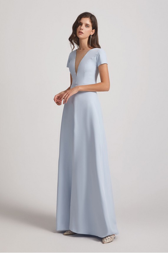 Illusion V-Neck Short Sleeve Bridesmaid Dresses with Front Slit