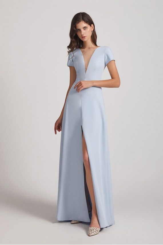 Illusion V-Neck Short Sleeve Bridesmaid Dresses with Front Slit