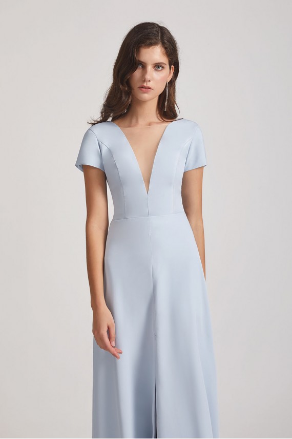 Illusion V-Neck Short Sleeve Bridesmaid Dresses with Front Slit