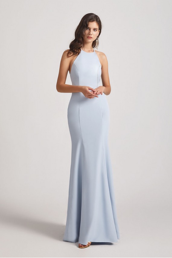 Halter Criss Cross Back Blue Long Bridesmaid Dresses