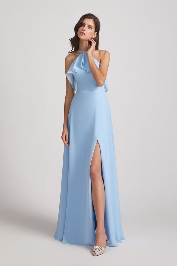 Ruffled Halter Neckline A-Line Skirt Slit Bridesmaid Dresses