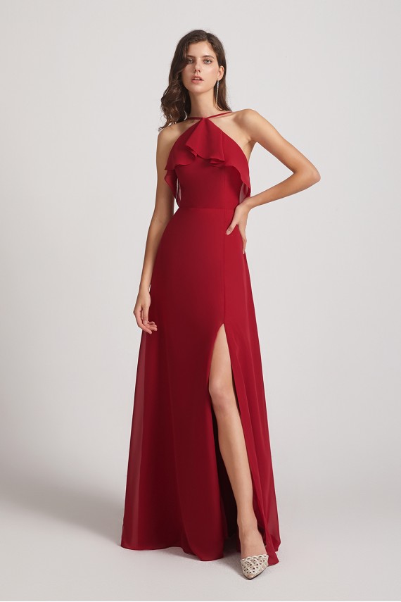 Ruffled Neckline Halter A-Line Chiffon Bridesmaid Dresses