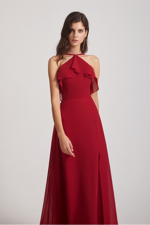 Ruffled Neckline Halter A-Line Chiffon Bridesmaid Dresses