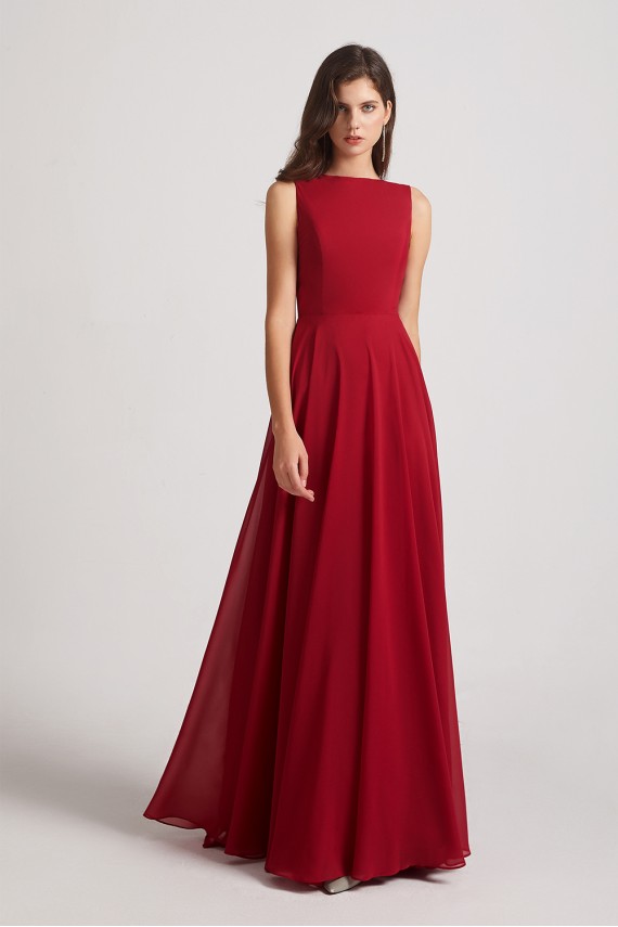 Jewel A-line Chiffon Open Back Bridesmaid Dresses