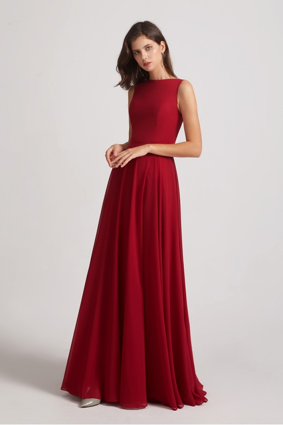 Jewel A-line Chiffon Open Back Bridesmaid Dresses