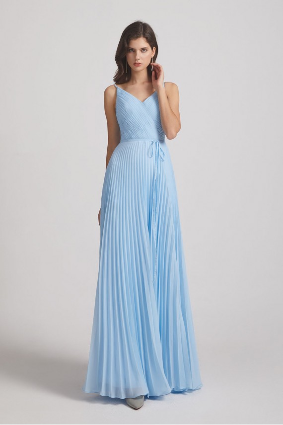 Spaghetti Straps V-Neck Pleated Blue Chiffon Bridesmaid Dresses