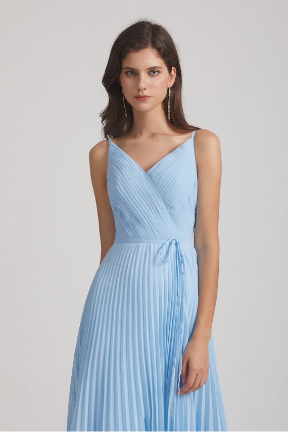 Spaghetti Straps V-Neck Pleated Blue Chiffon Bridesmaid Dresses
