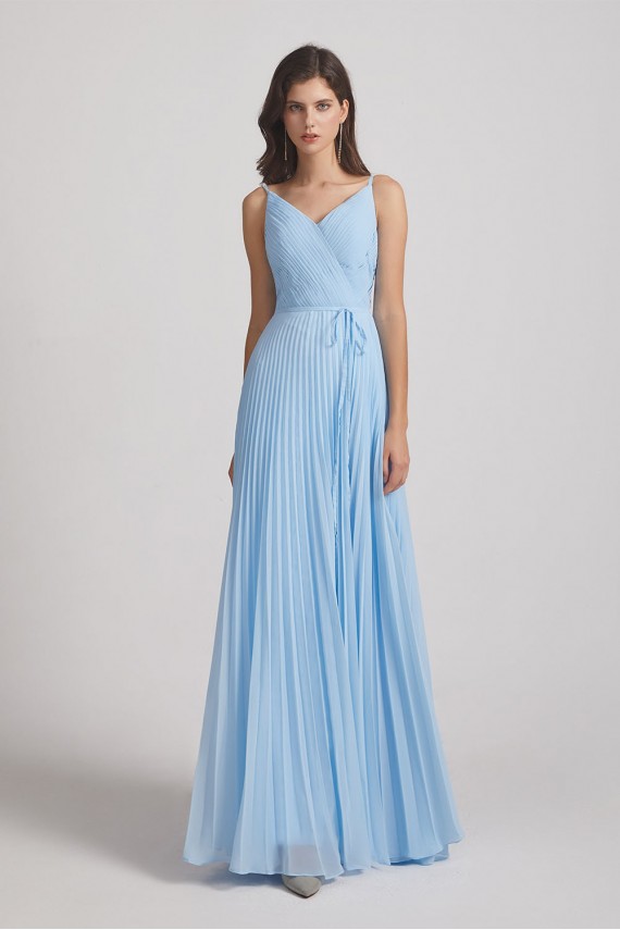 Spaghetti Straps V-Neck Pleated Blue Chiffon Bridesmaid Dresses