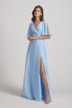 V-Neck Chiffon Side Slit Flutter Half Sleeve Blue Bridesmaid Dresses