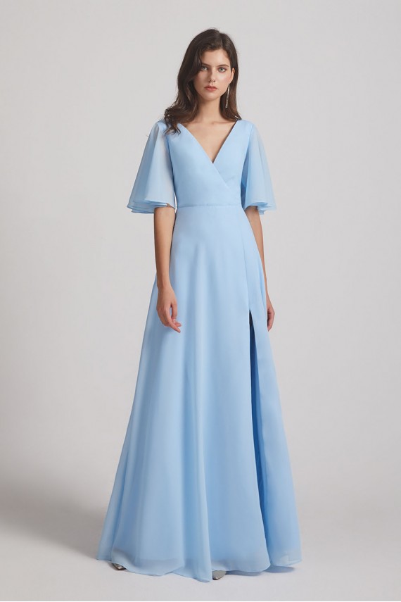V-Neck Chiffon Side Slit Flutter Half Sleeve Blue Bridesmaid Dresses