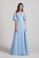 V-Neck Chiffon Side Slit Flutter Half Sleeve Blue Bridesmaid Dresses