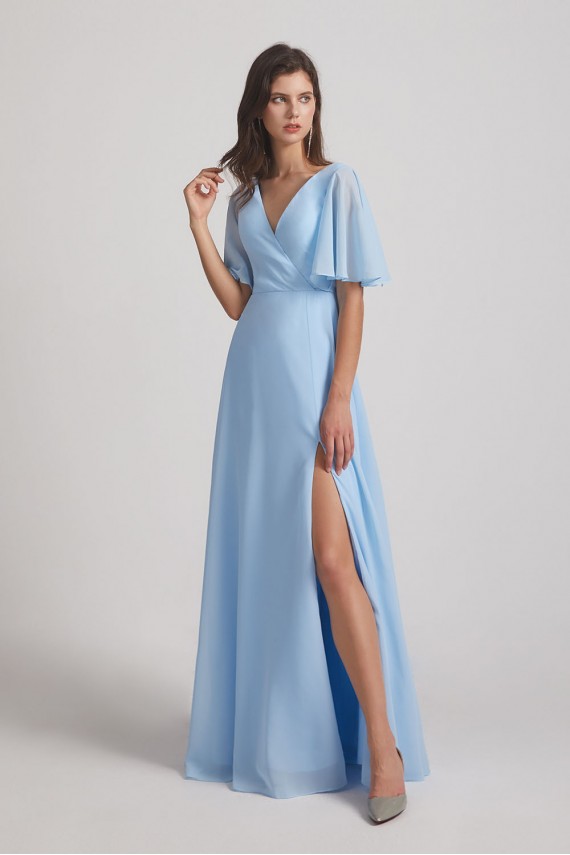 V-Neck Chiffon Side Slit Flutter Half Sleeve Blue Bridesmaid Dresses