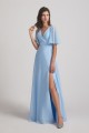 V-Neck Chiffon Side Slit Flutter Half Sleeve Blue Bridesmaid Dresses