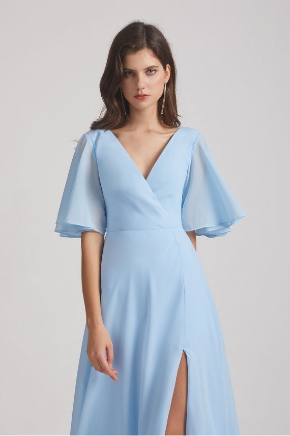 V-Neck Chiffon Side Slit Flutter Half Sleeve Blue Bridesmaid Dresses