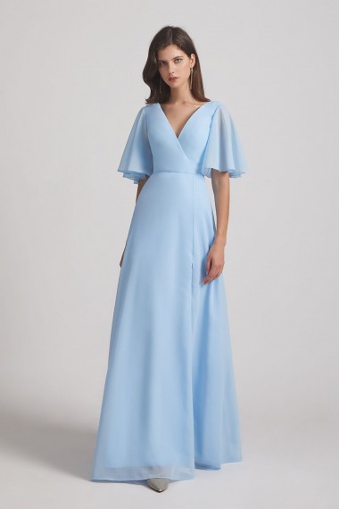 V-Neck Chiffon Side Slit Flutter Half Sleeve Blue Bridesmaid Dresses