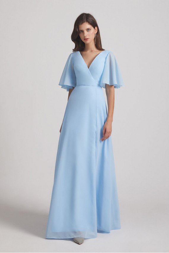 V-Neck Chiffon Side Slit Flutter Half Sleeve Blue Bridesmaid Dresses