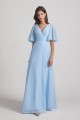 V-Neck Chiffon Side Slit Flutter Half Sleeve Blue Bridesmaid Dresses