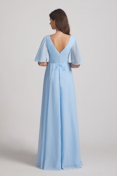 V-Neck Chiffon Side Slit Flutter Half Sleeve Blue Bridesmaid Dresses