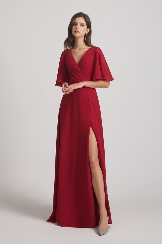 V-Neck Chiffon Side Slit Bridesmaid Dresses With Flutter Half Sleeves
