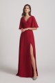 V-Neck Chiffon Side Slit Bridesmaid Dresses With Flutter Half Sleeves
