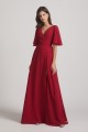 V-Neck Chiffon Side Slit Bridesmaid Dresses With Flutter Half Sleeves