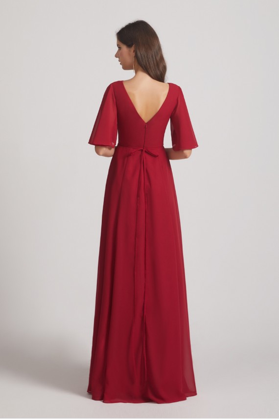 V-Neck Chiffon Side Slit Bridesmaid Dresses With Flutter Half Sleeves