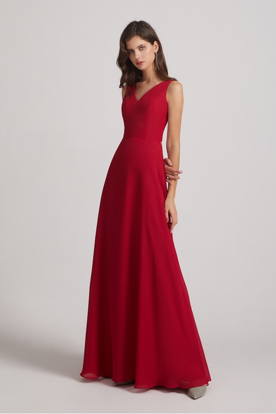 V-Neck Tie Back A-line Chiffon Long Bridesmaid Dresses