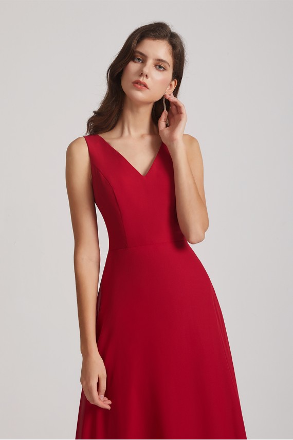 V-Neck Tie Back A-line Chiffon Long Bridesmaid Dresses