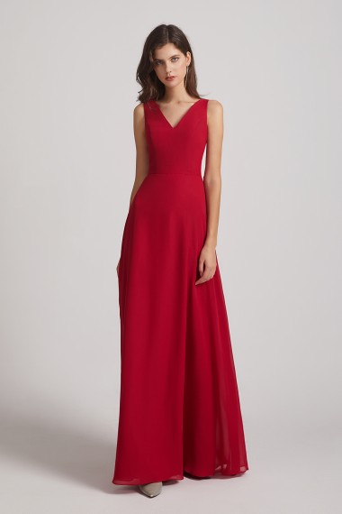 V-Neck Tie Back A-line Chiffon Long Bridesmaid Dresses