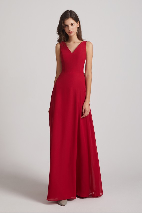 V-Neck Tie Back A-line Chiffon Long Bridesmaid Dresses