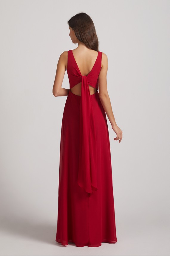 V-Neck Tie Back A-line Chiffon Long Bridesmaid Dresses