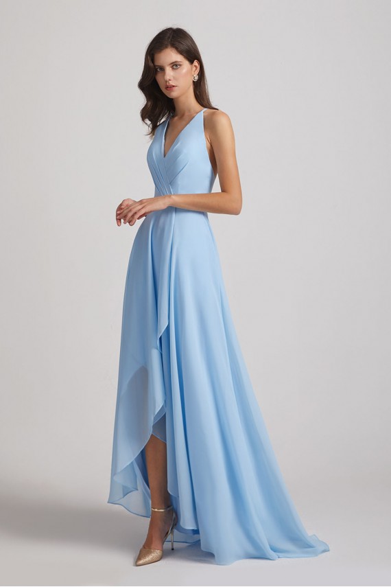 V-Neck Sleeveless Criss-Cross Back Asymmetrical Hi-Lo Bridesmaid Dresses