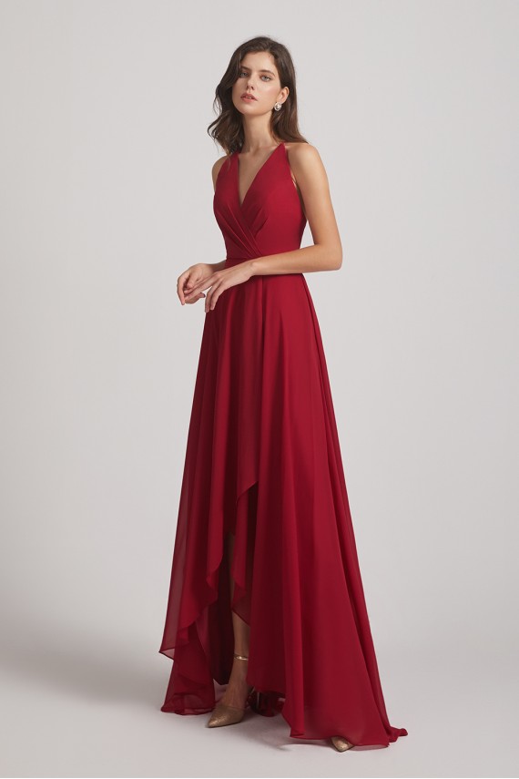 Straps V-Neck Chiffon Country High Low Bridesmaid Dresses
