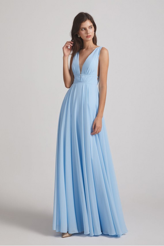 Deep V-Neck Chiffon Sleeveless Sky Blue Bridesmaids Dresses