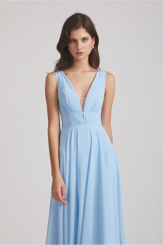 Deep V-Neck Chiffon Sleeveless Sky Blue Bridesmaids Dresses