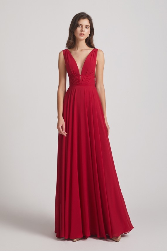 Wide Straps Double V-Neck Crinkle Chiffon Bridesmaid Dresses