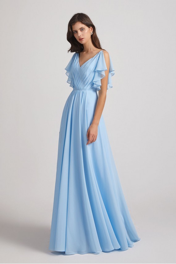 Crinkle Chiffon Bridesmaid Dresses with Open Flutter Sleeves