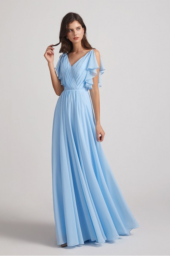 Crinkle Chiffon Bridesmaid Dresses with Open Flutter Sleeves