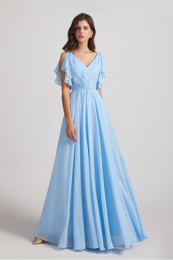 Crinkle Chiffon Bridesmaid Dresses with Open Flutter Sleeves