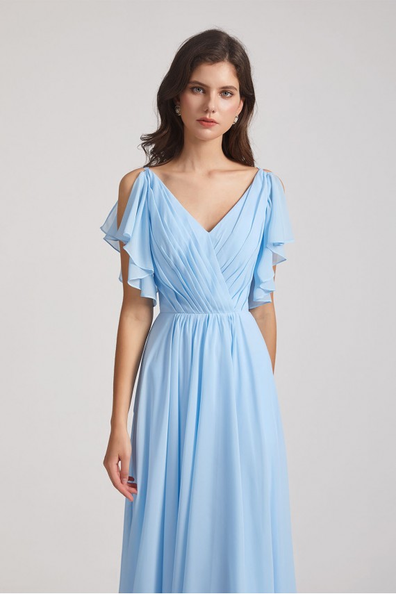 Crinkle Chiffon Bridesmaid Dresses with Open Flutter Sleeves